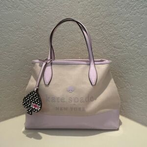 Kate Spade Leather Trim Canvas Tote Bag Natural Pink Logo Preppy Barbiecore